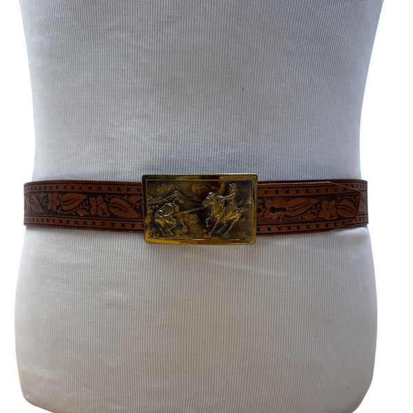 Vintage Pilgrim Tooled Leather Belt With Western Brass Buckle Size 42