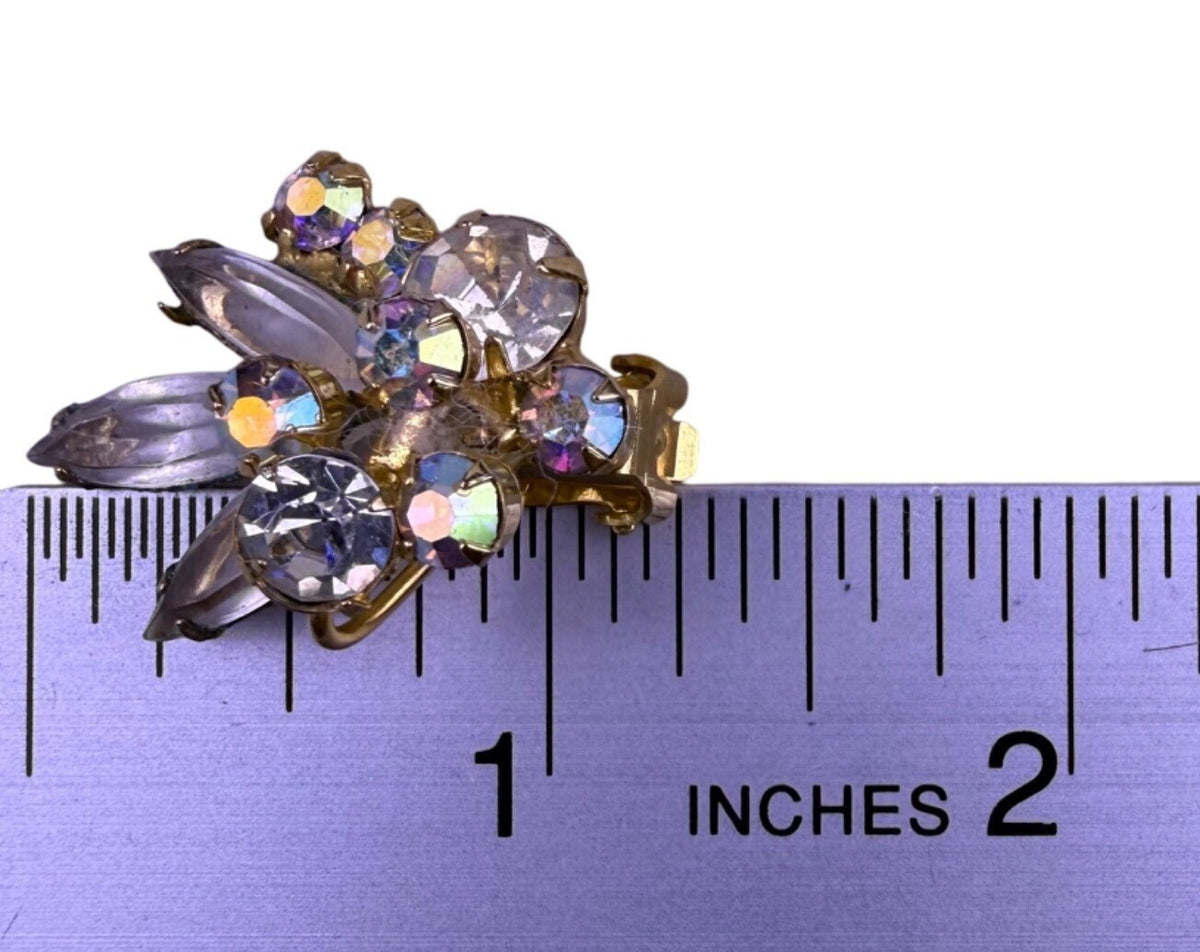 Vintage Gold Tone Rhinestone Clip-On Earrings & Floral Brooch Set