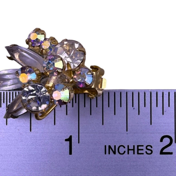 Vintage Gold Tone Rhinestone Clip-On Earrings & Floral Brooch Set