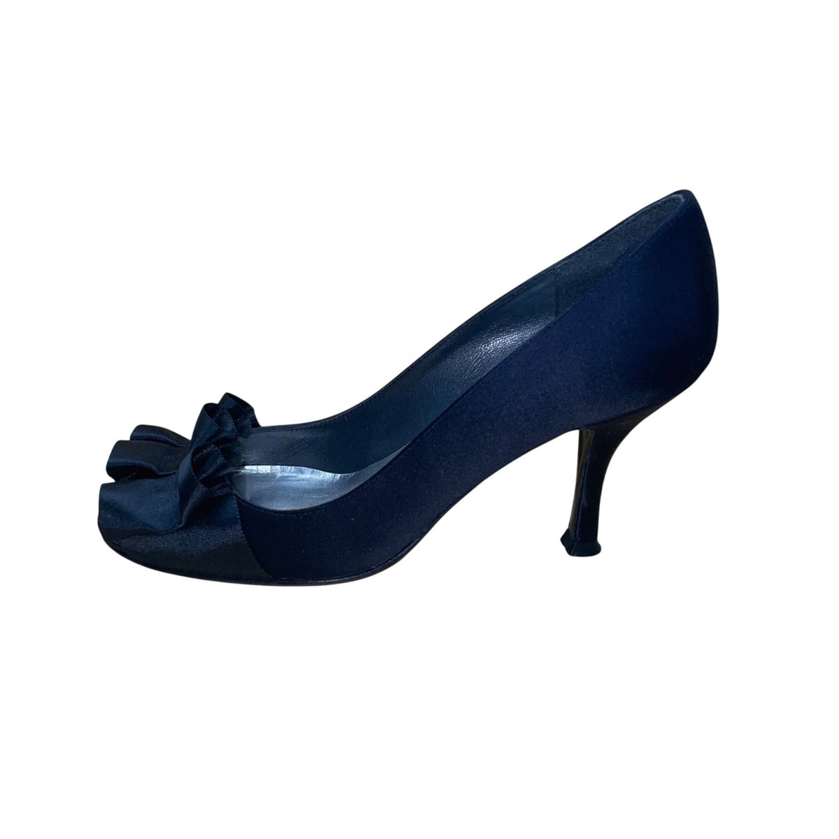 Stuart Weitzman Women’s Black Satin With Pleated Bow Peep Toe Heels Size 7M