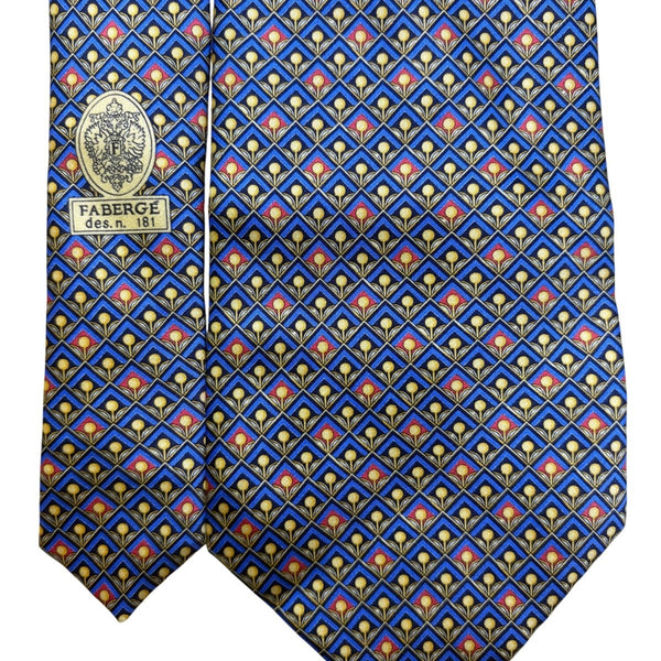 Fabergé Mens Blue All Silk Geometric Patterned Handmade Tie Made In USA