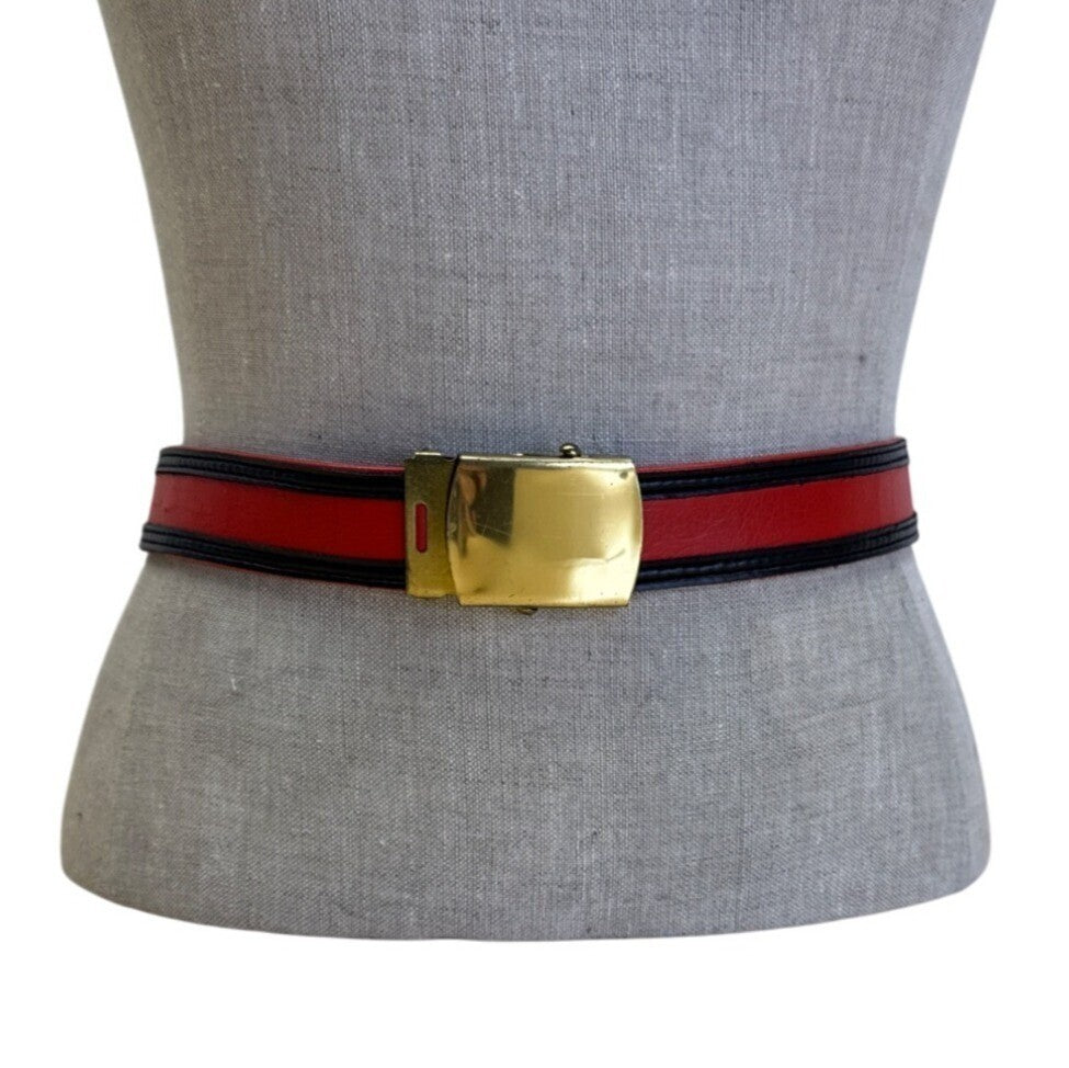 Vintage Red & Black Belt With Gold Buckle 37 in Long Adjustable Buckle