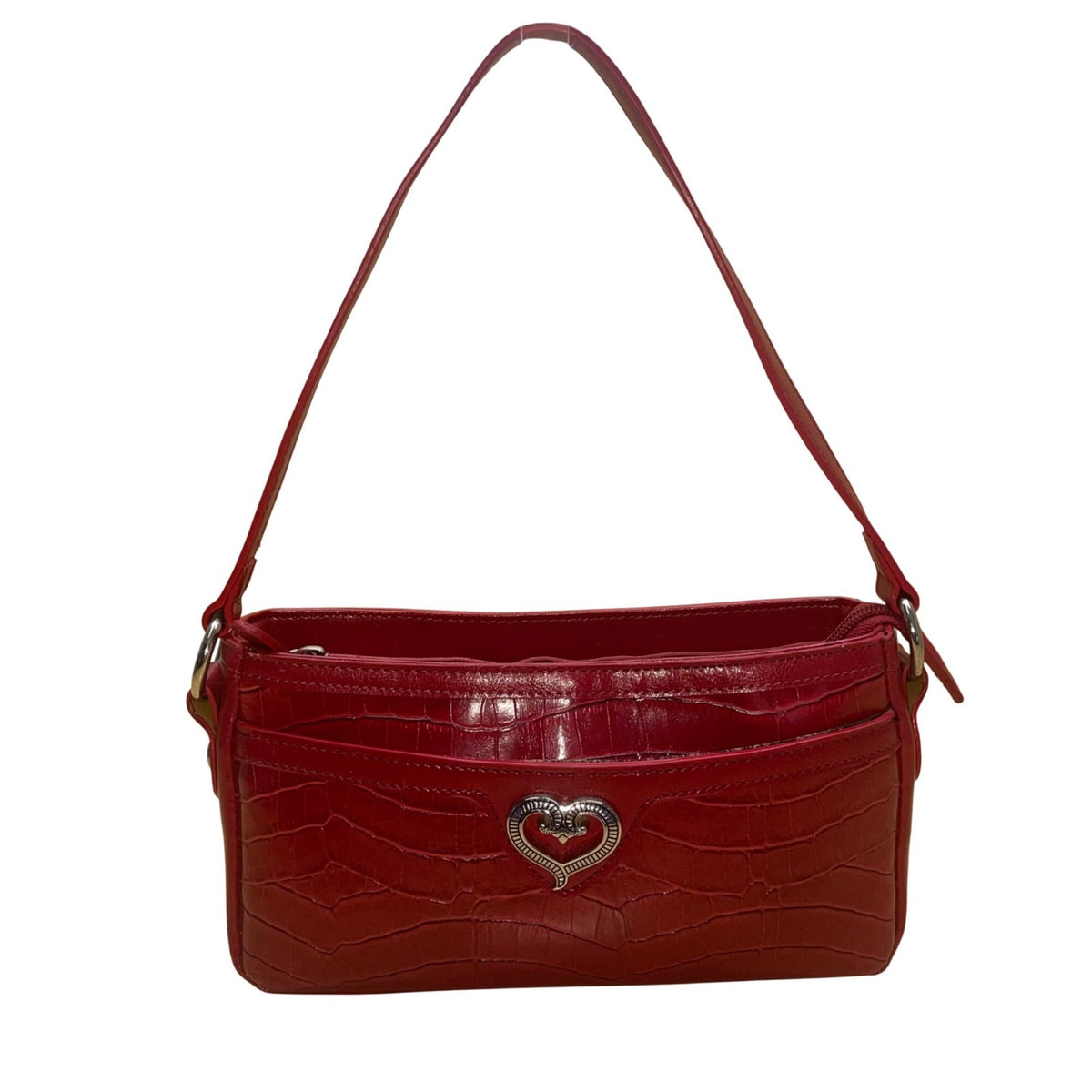 Brighton Women's Red Faux Leather Croc Embossed With Heart Accent Shoulder Bag