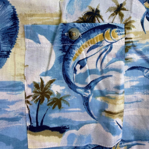 Fishing Life Mens Blue Hawaiian Fishing Shirt Short-Sleeve Casual Sz L