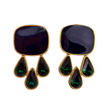 1980s Unknown Women Gold Tone Metal Drop Earrings Green Crystal Black Enamel