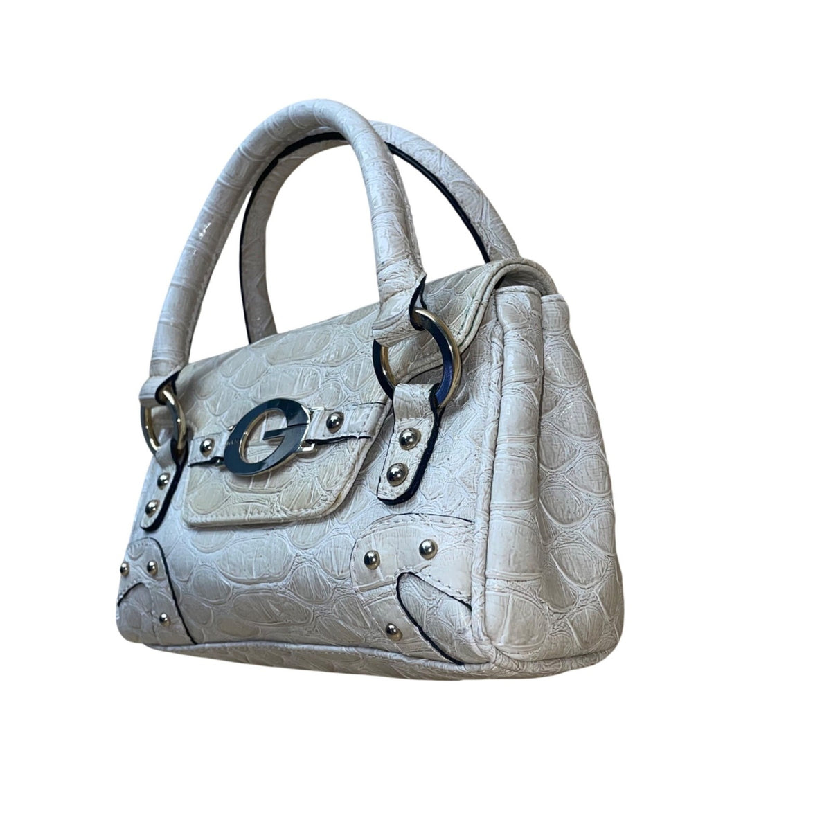 Vintage Guess Women’s Beige Faux Leather Croc Embossed G Logo Y2K Satchel Bag