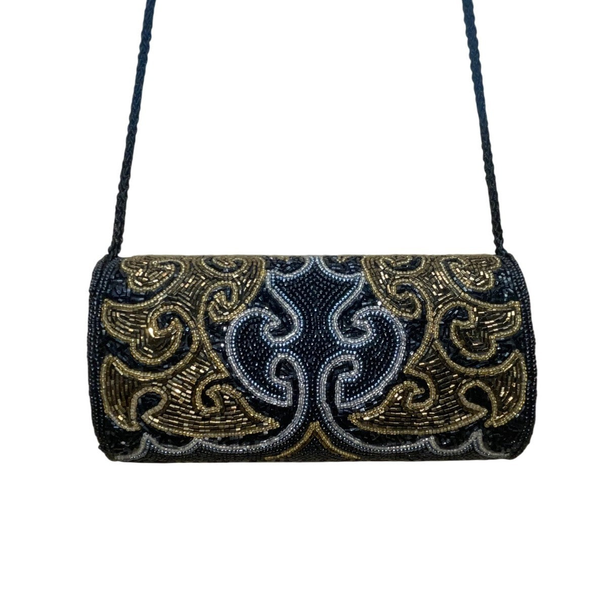 Milor Women’s Black & Gold Beaded Cylindrical Floral Design Shoulder Bag Clutch