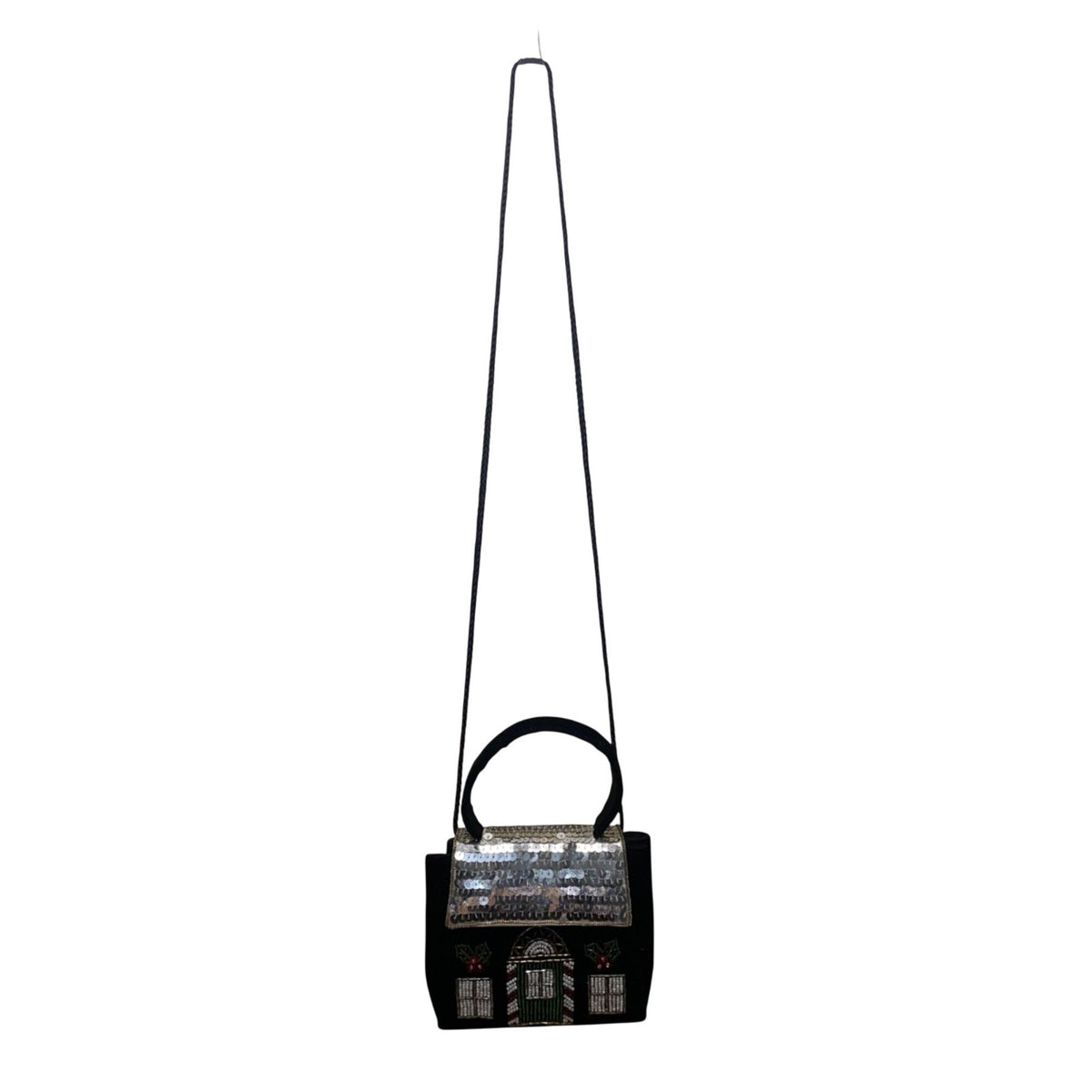 Confetti Women’s Black Velvet & Sequin Holiday House Handbag With Handle & Strap