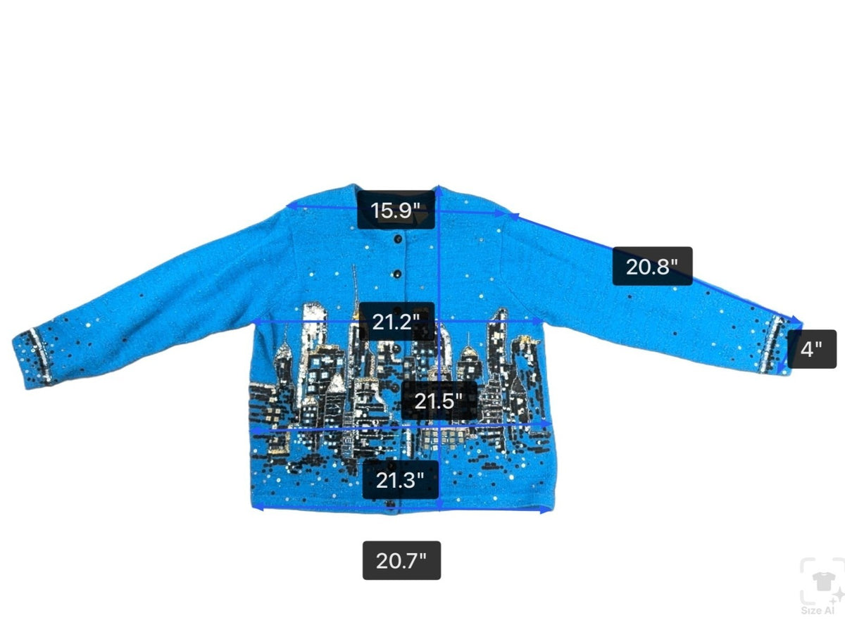 Design Options Womens Blue Button-Up Sequin Cardigan Skyline Embellished Sz L