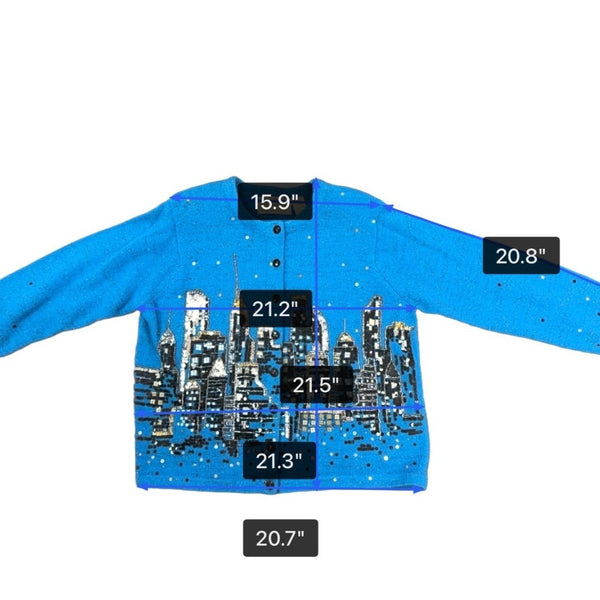 Design Options Womens Blue Button-Up Sequin Cardigan Skyline Embellished Sz L
