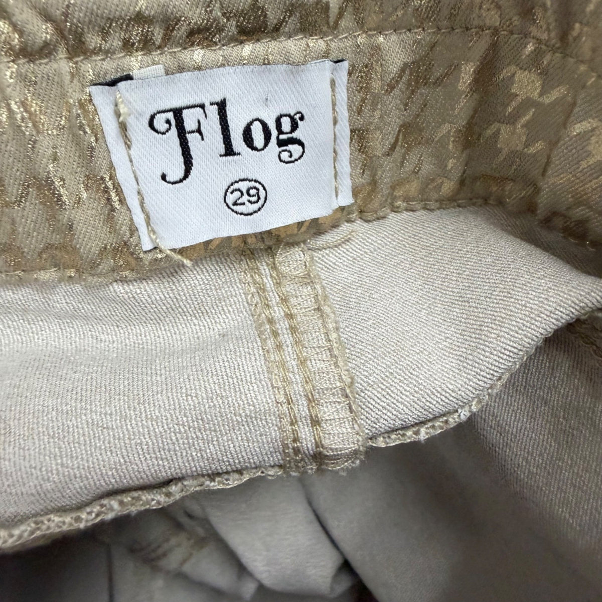 Flog Womens Beige Metallic Houndstooth Capri Pants Stretch Drawstring Sz 29