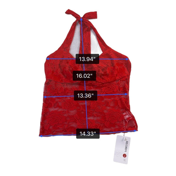 Reoria Womens Red Lace Halter Top Sheer Floral Tie-Neck Camisole Size M