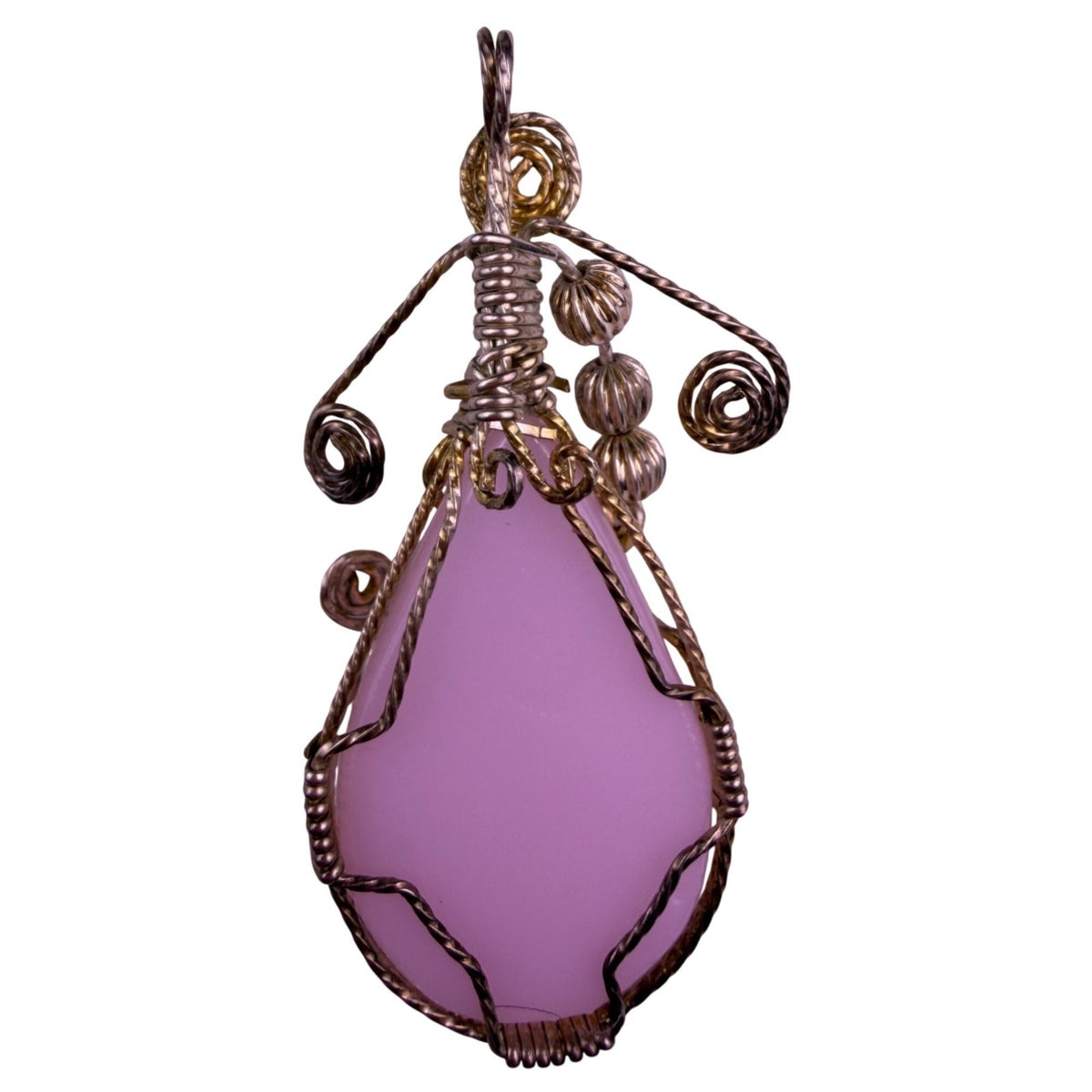 Wire-Wrapped Womens Pink Rose Quartz Pendant Various Metal Swirls Curved Design