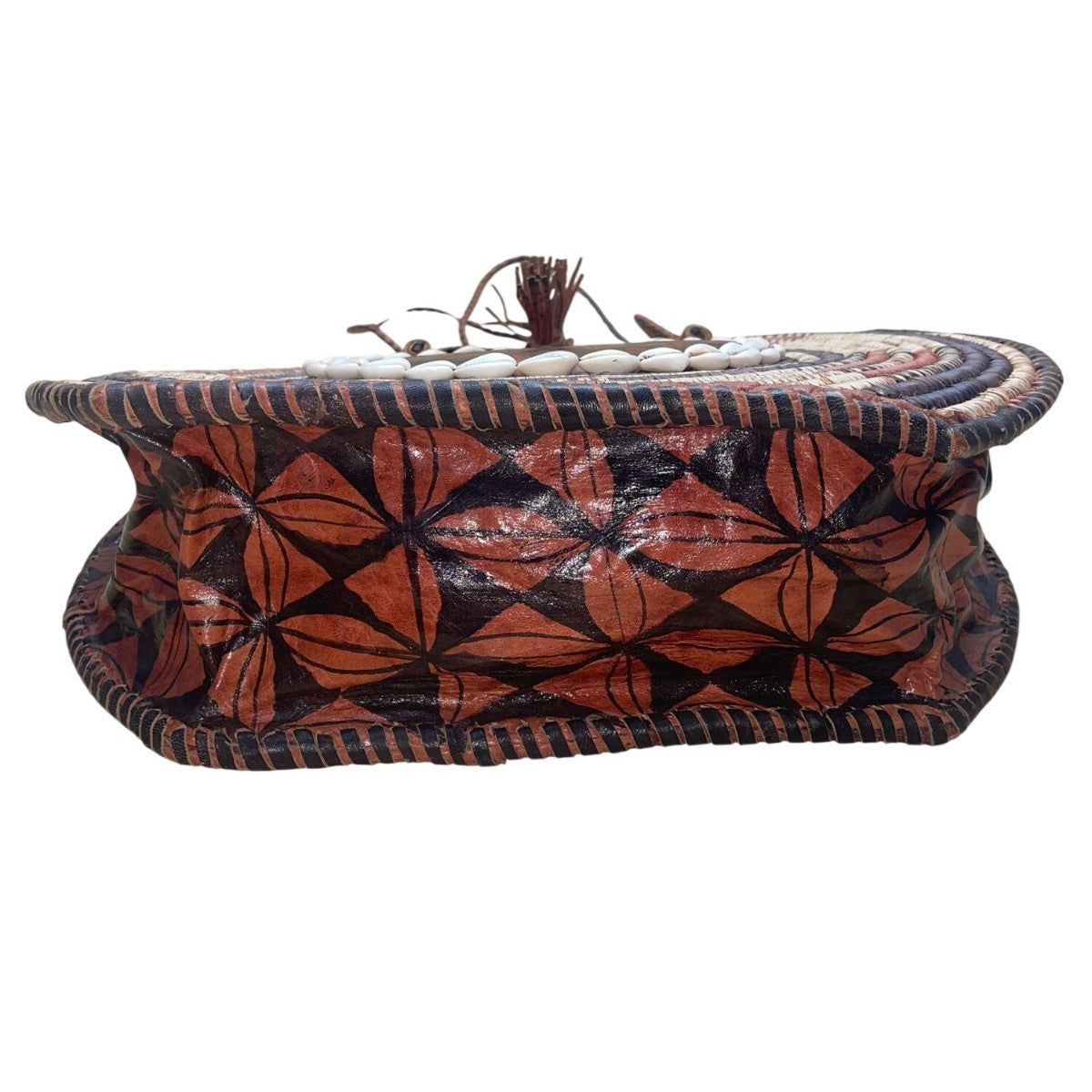 Women’s Woven Straw & Leather Multicolor Round Handbag With Cowrie Shell Trim