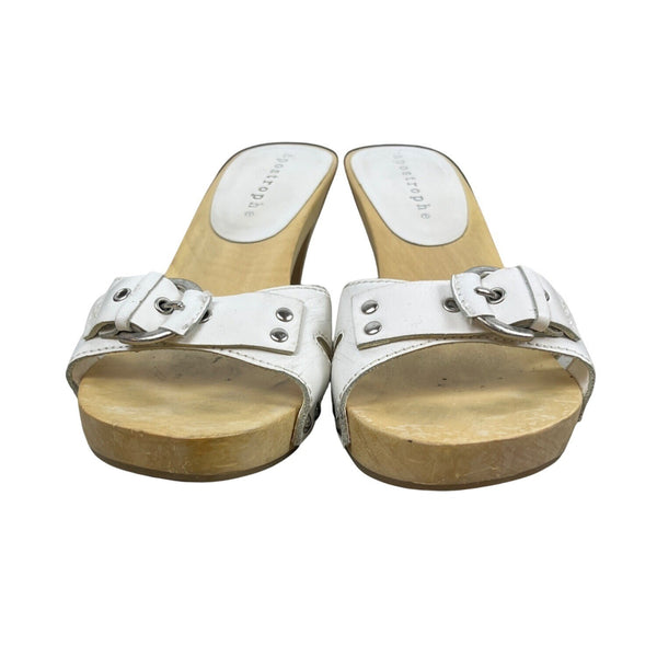 Apostrophe Women’s White Leather Buckle Strap Mina Wooden Heeled Sandals Sz 7M
