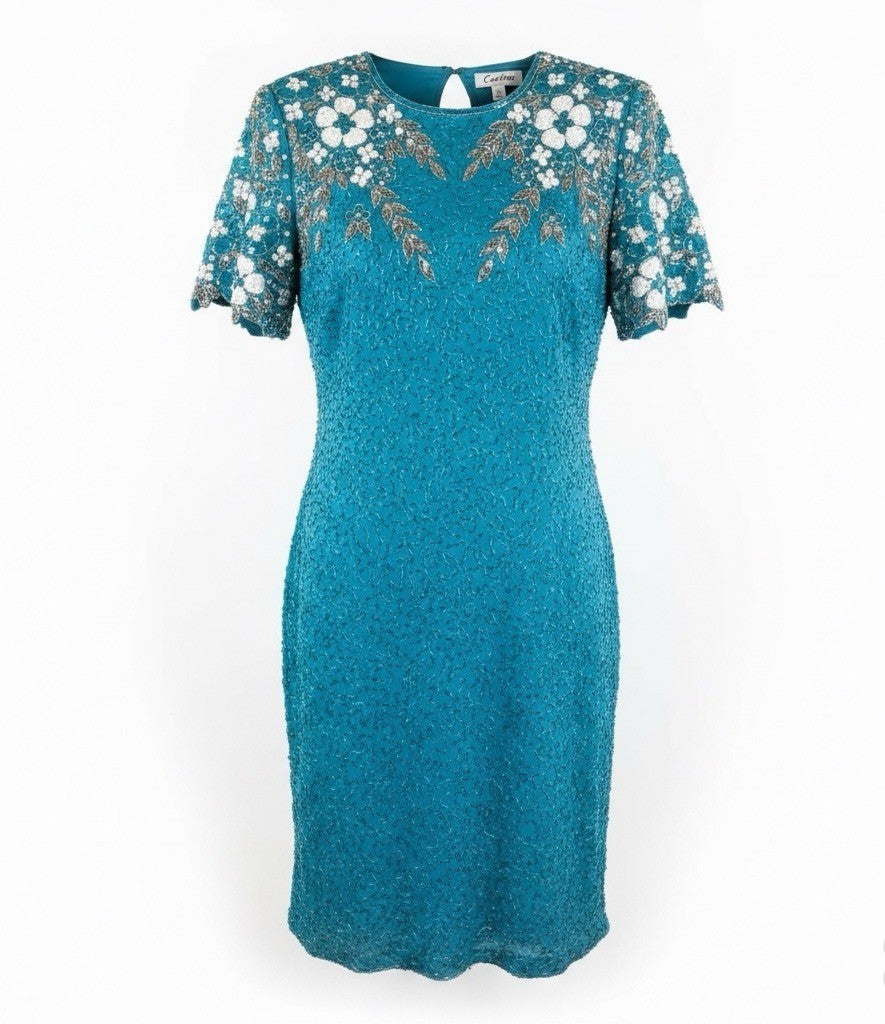 Sténay Womens Teal Beaded Sequin Floral Silk Evening Cocktail Dress Size 14