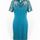 Sténay Womens Teal Beaded Sequin Floral Silk Evening Cocktail Dress Size 14