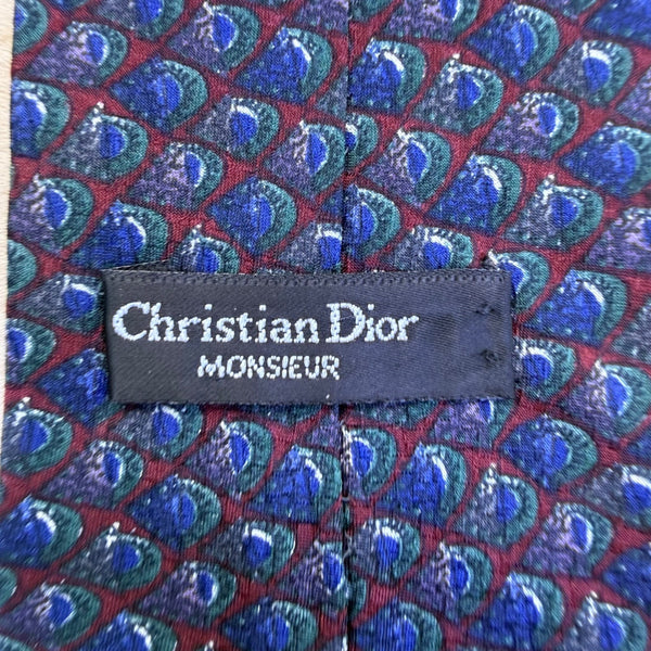 Christian D Mens Blue Red Silk Necktie Peacock Print