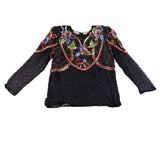 Swee Lo Womens Black Silk Beaded & Sequin Shirt Floral Design Size L