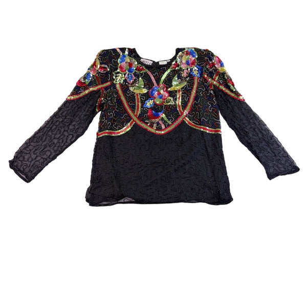 Swee Lo Womens Black Silk Beaded & Sequin Shirt Floral Design Size L