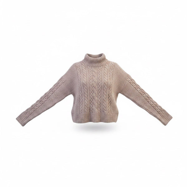 Rachel Zoe Womens Beige Cable Knit Cropped Turtleneck Sweater Size S