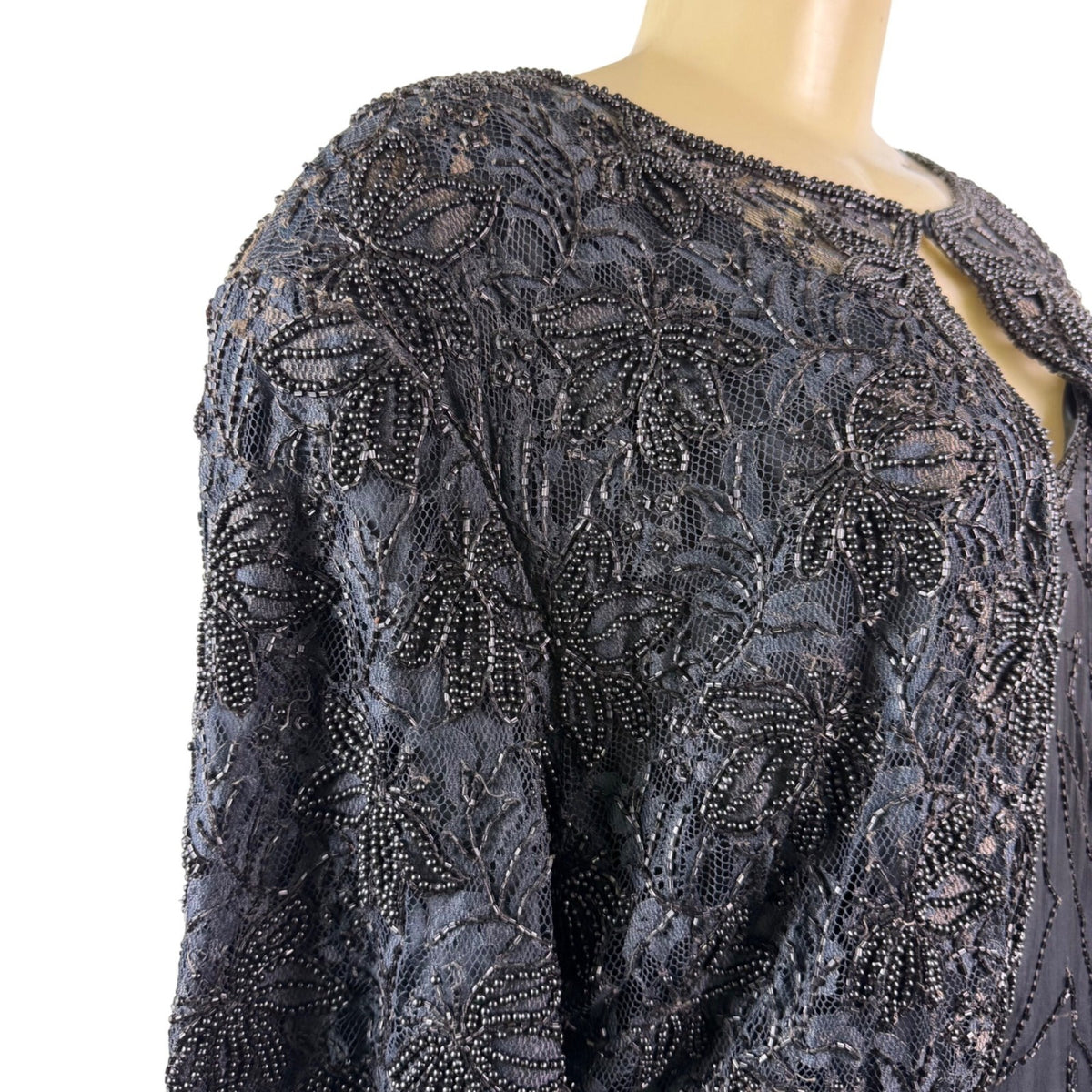 Sténay Womens Black Silk Beaded Evening Gown With Sheer Jacket  Elegant Size 20