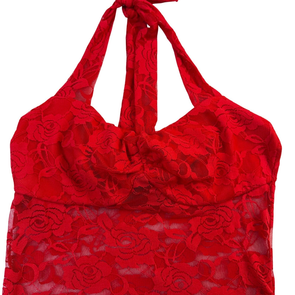 Reoria Womens Red Lace Halter Top Sheer Floral Tie-Neck Camisole Size M