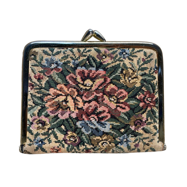 Vintage Womens Floral Tapestry Gold Metal Frame Triple Magnification Dual Mirror