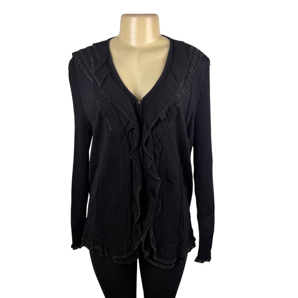 Stizzoli Womens Black Knit Ruffled Edge Cardigan Size M
