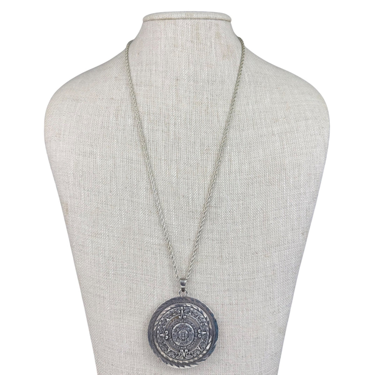 Asymmetrical Silver Tone Mayan Calendar Pendant Necklace Rope Chain