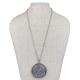 Asymmetrical Silver Tone Mayan Calendar Pendant Necklace Rope Chain