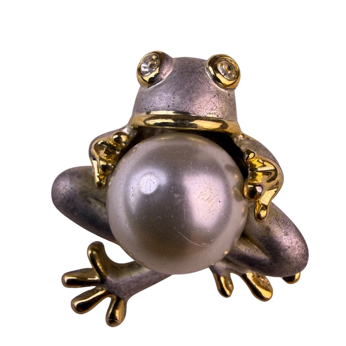 Vintage Womens Gold Tone & Silver Tone Frog Pearl Rhinestone Brooch