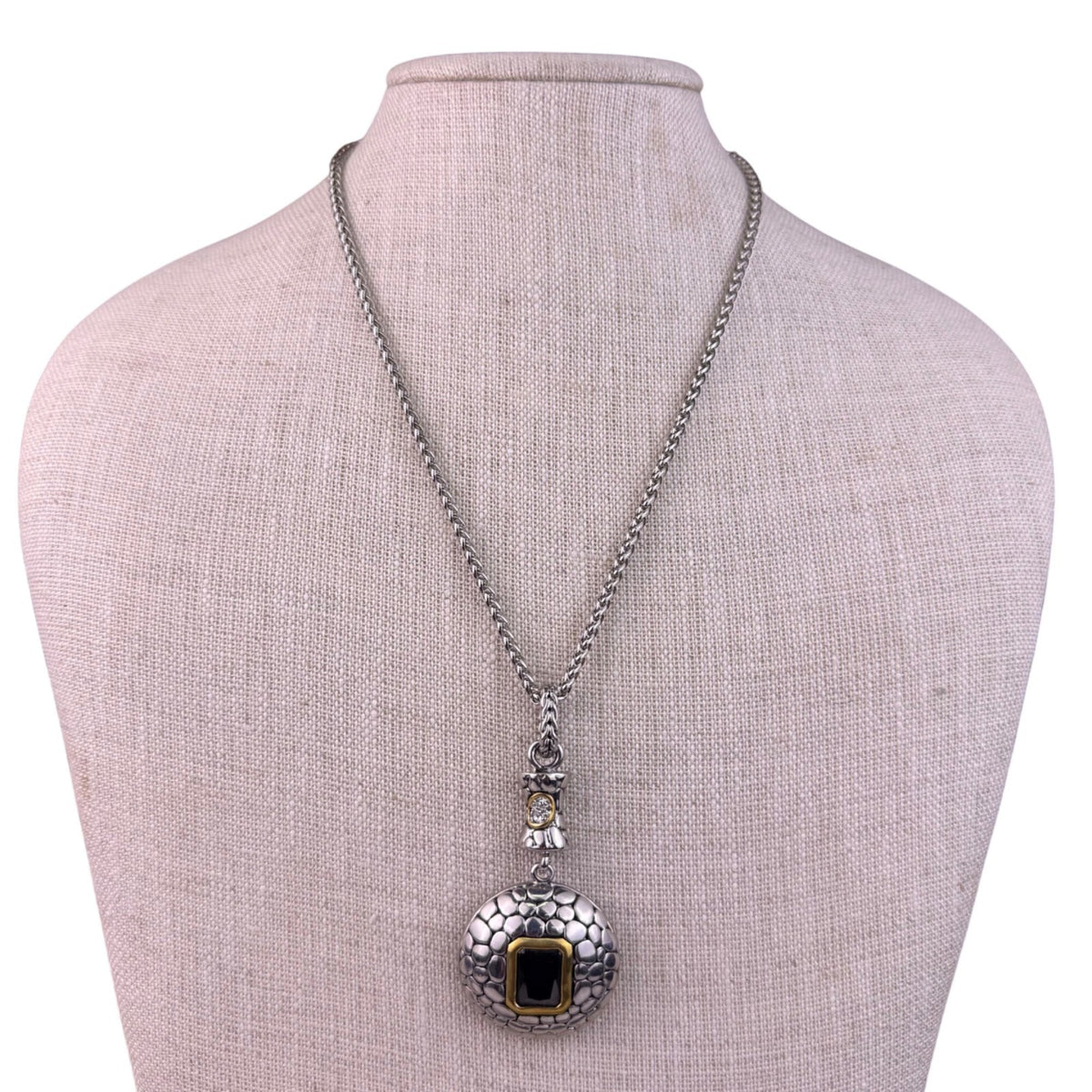 Silver Tone Womens Two-Tone Pendant Necklace Black Stone & Crystal Accent