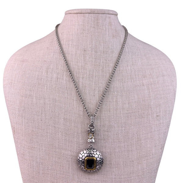 Silver Tone Womens Two-Tone Pendant Necklace Black Stone & Crystal Accent