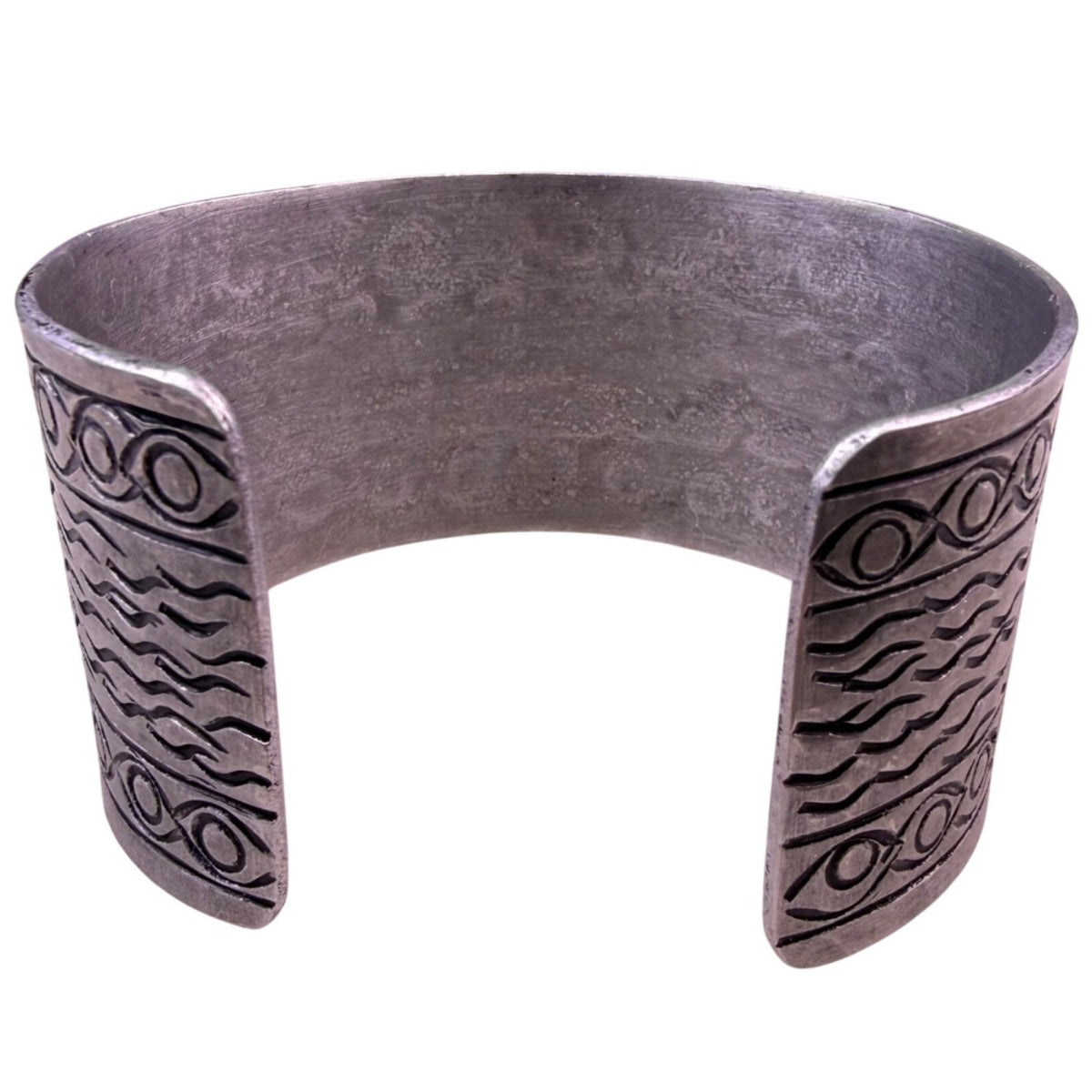 Vintage Unisex Silver Tone Motif Metal Cuff Bracelet Geometric & Wavy Design