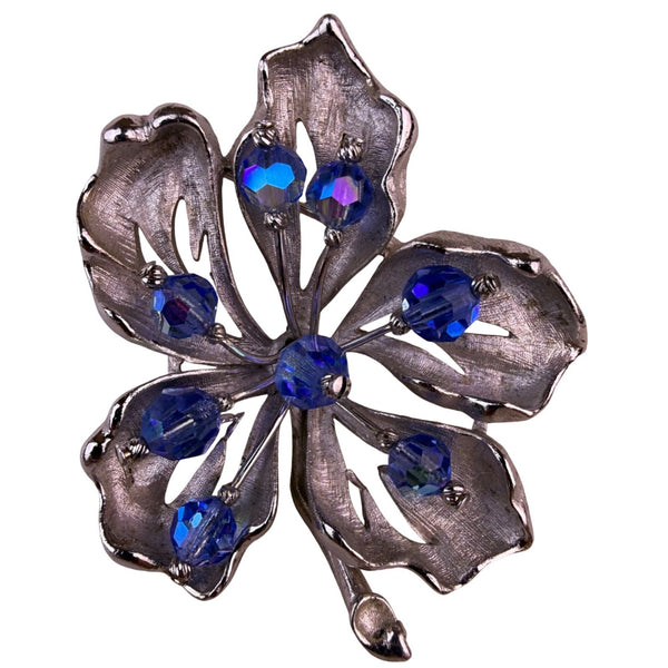 Coro Womens Silver Tone Large Flower Brooch Blue Aurora Borealis Rhinestones