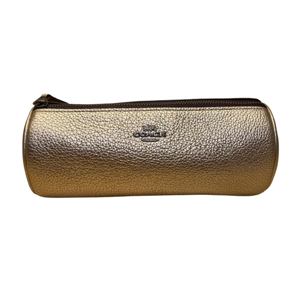Coach Women’s Gold Metallic Leather Cylinder Zippered Makeup Bag Purse Pouch