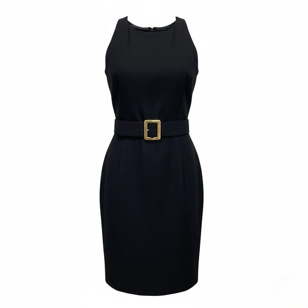 Black Sleeveless Dress With Belted Waist Gold Buckle Design Womens Size 12