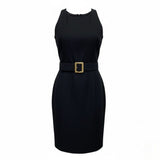 Black Sleeveless Dress With Belted Waist Gold Buckle Design Womens Size 12