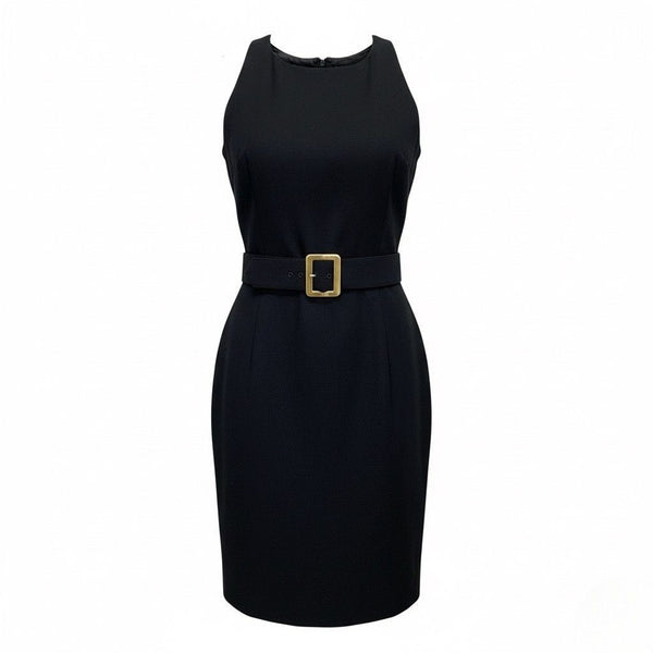 Black Sleeveless Dress With Belted Waist Gold Buckle Design Womens Size 12