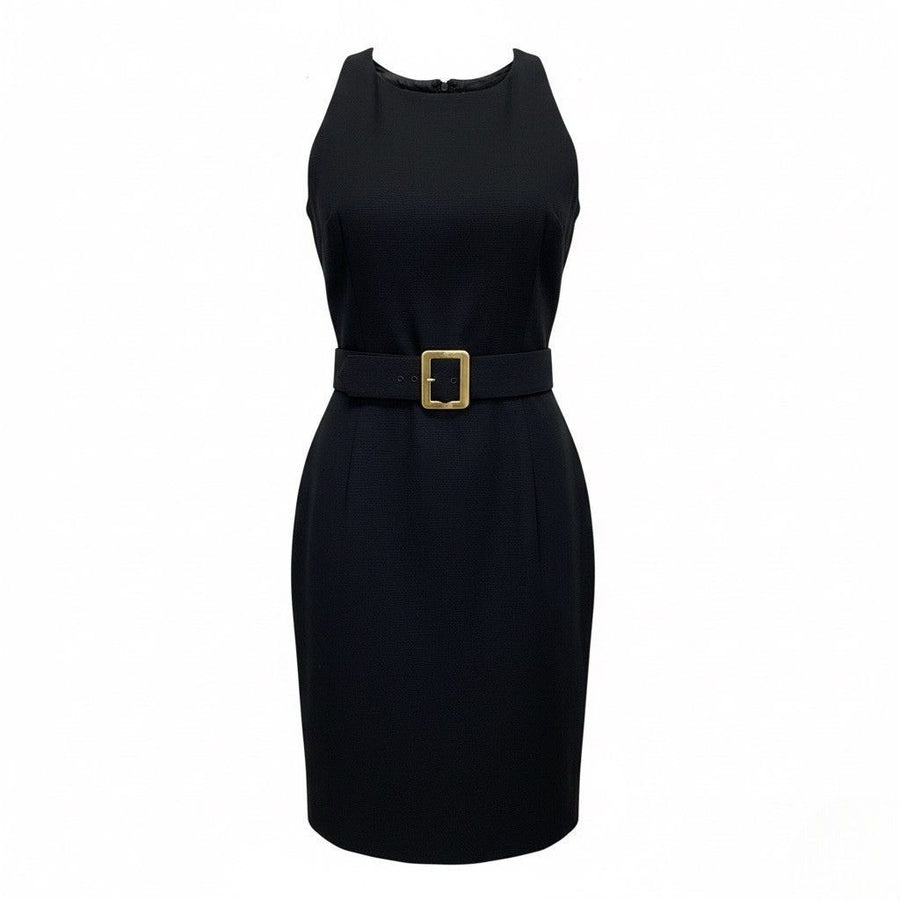 Black Sleeveless Dress With Belted Waist Gold Buckle Design Womens Size 12