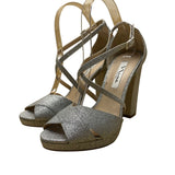 Nina Women’s Silver Glittered Chunky Heel Crisscross Strap Dress Sandals Size 8M