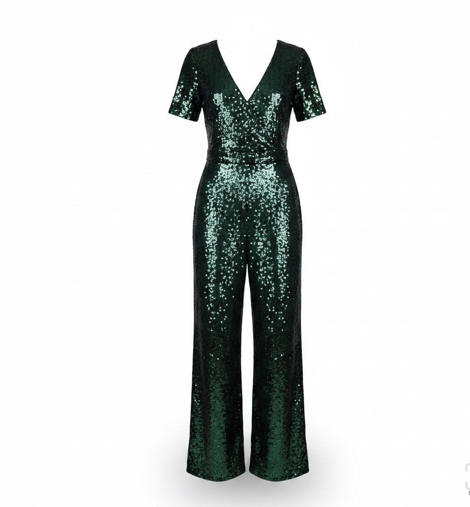 Francescas Womens Green Sequin Jumpsuit Short Sleeve Wide Leg Sz XS