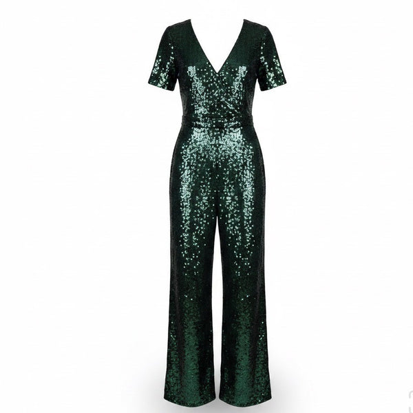Francescas Womens Green Sequin Jumpsuit Short Sleeve Wide Leg Sz XS
