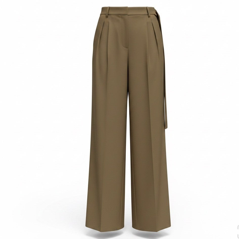 Commense Womens Khaki Wide-Leg Pleated High-Waist Trousers Size M