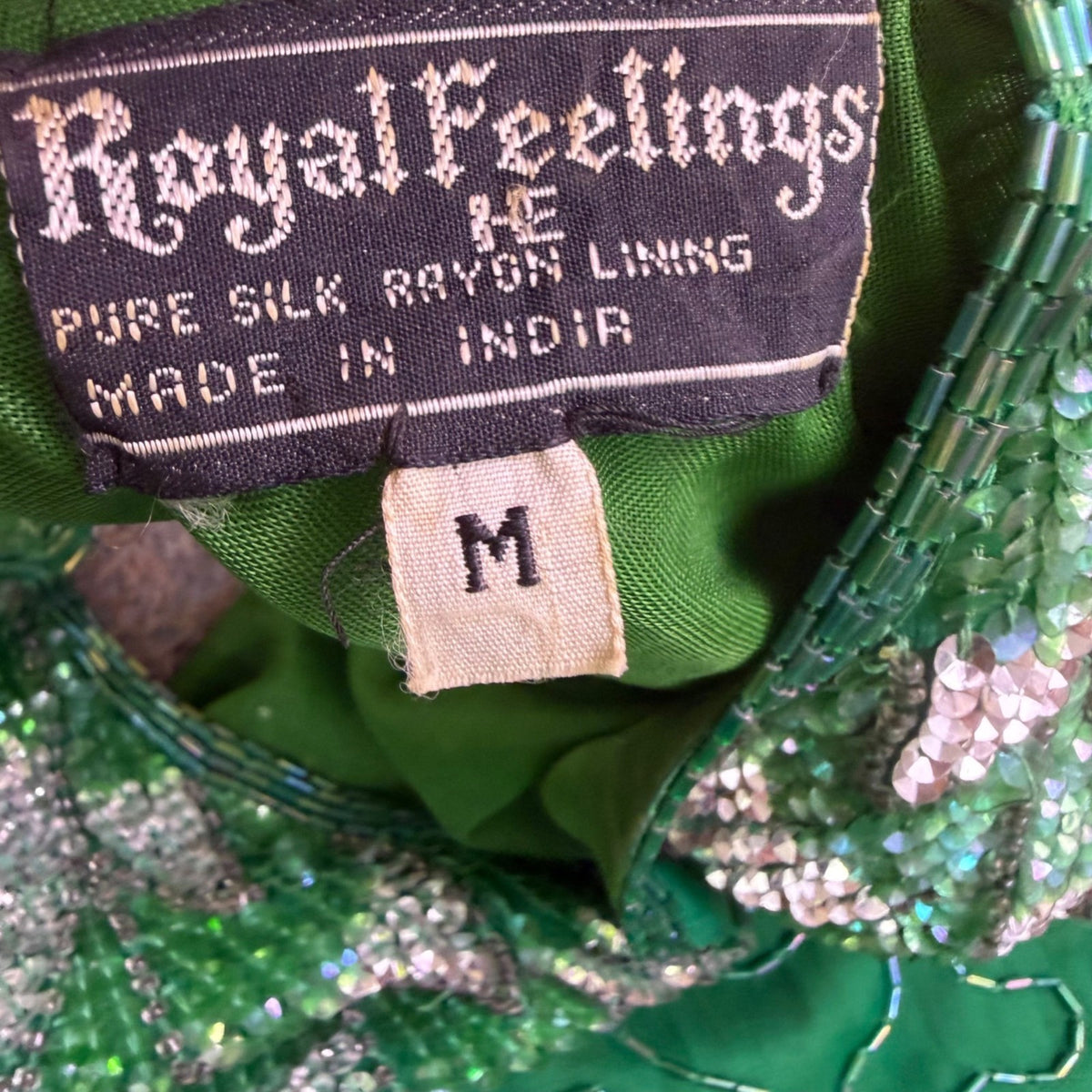 Royal Feelings Womens Green Silk Beaded Embellished Dress Rayon Lining Size M