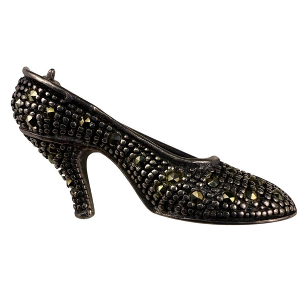 Sterling Silver Womens High Heel Shoe Brooch With Marcasite Stones Elegant