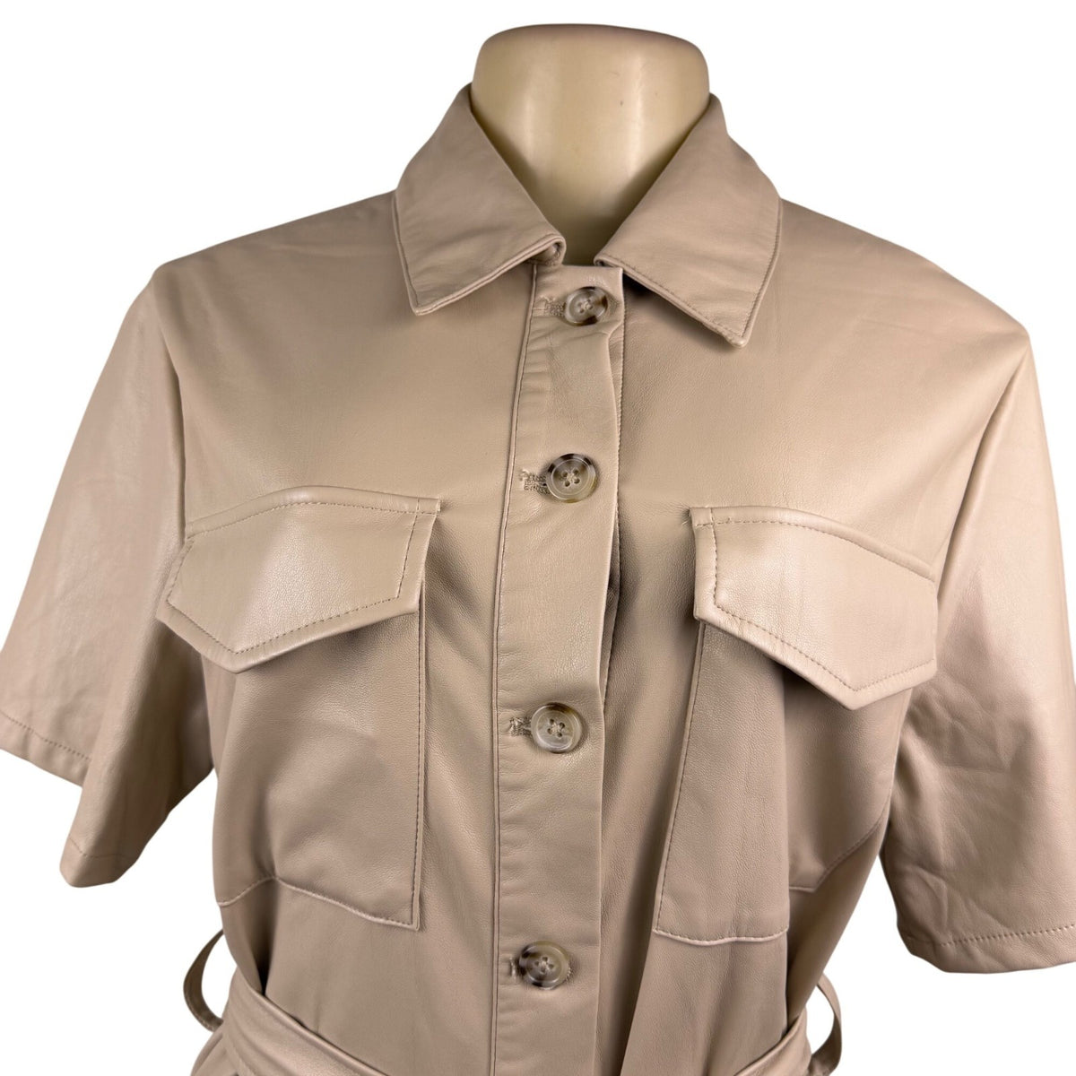 House Of Harlow 1960 Beige Faux Leather Short Sleeve Button-Down Mini Dress Sz S