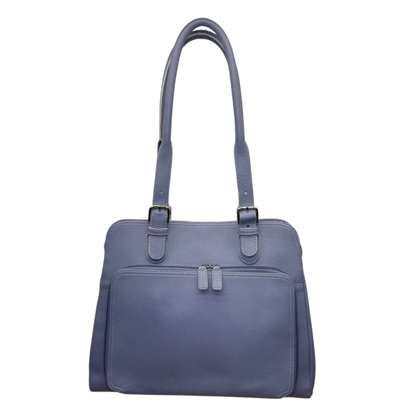 Levenger Women’s Blue Leather Double Handles Front Pocket Shoulder Tote Bag