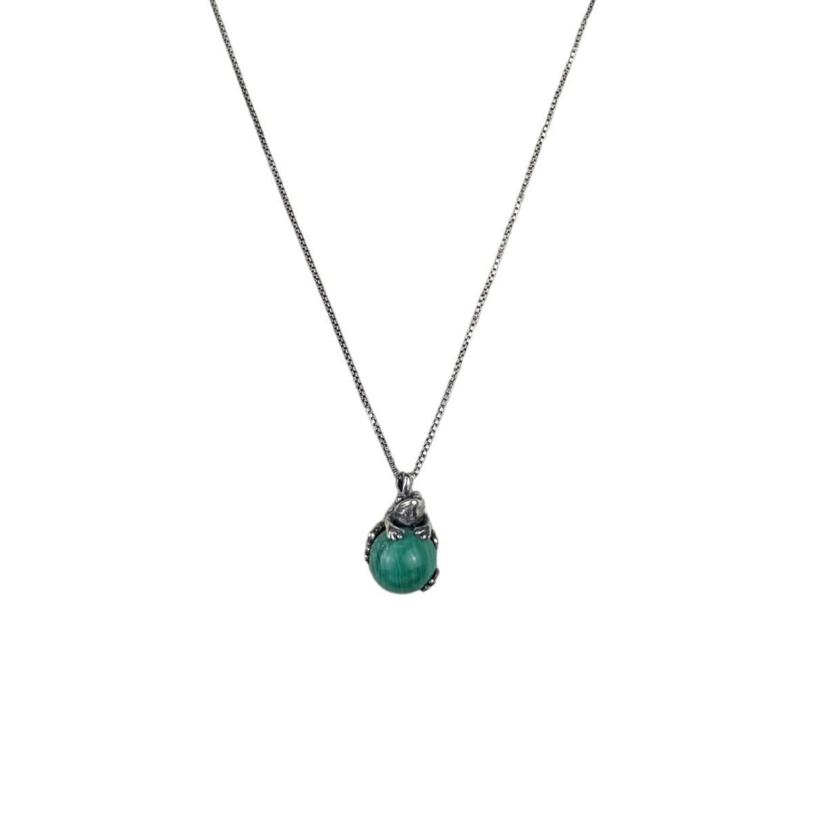 Sterling Silver 925 Womens Green Malachite Frog Pendant Necklace